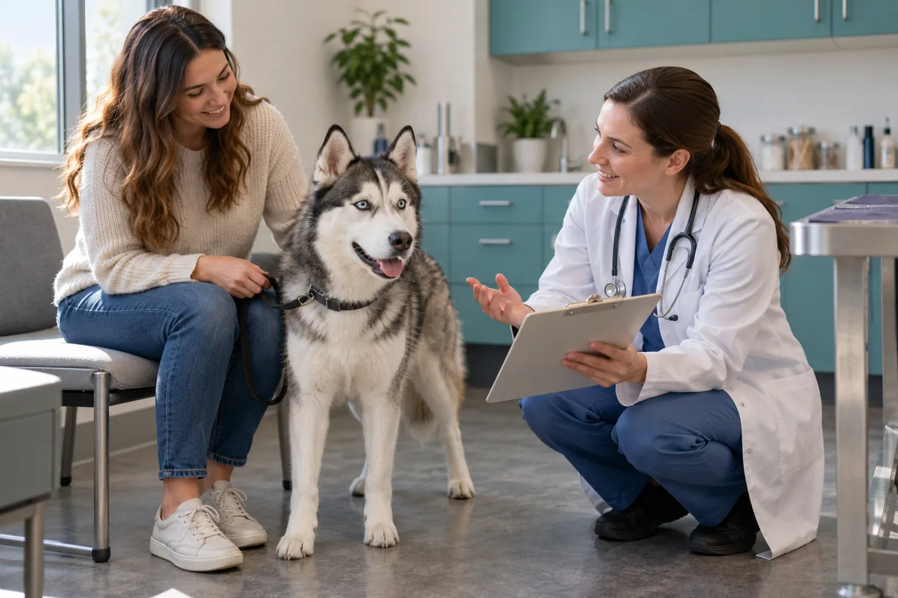 Veterinary professional speaking with an owner beside a gray-and-white dog